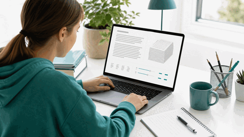 A student checking pages for an assignment